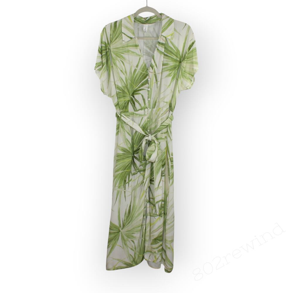 Large H&M Tropical Print Midi Dress Palm White Green Vacation Summer Party - Picture 2 of 14